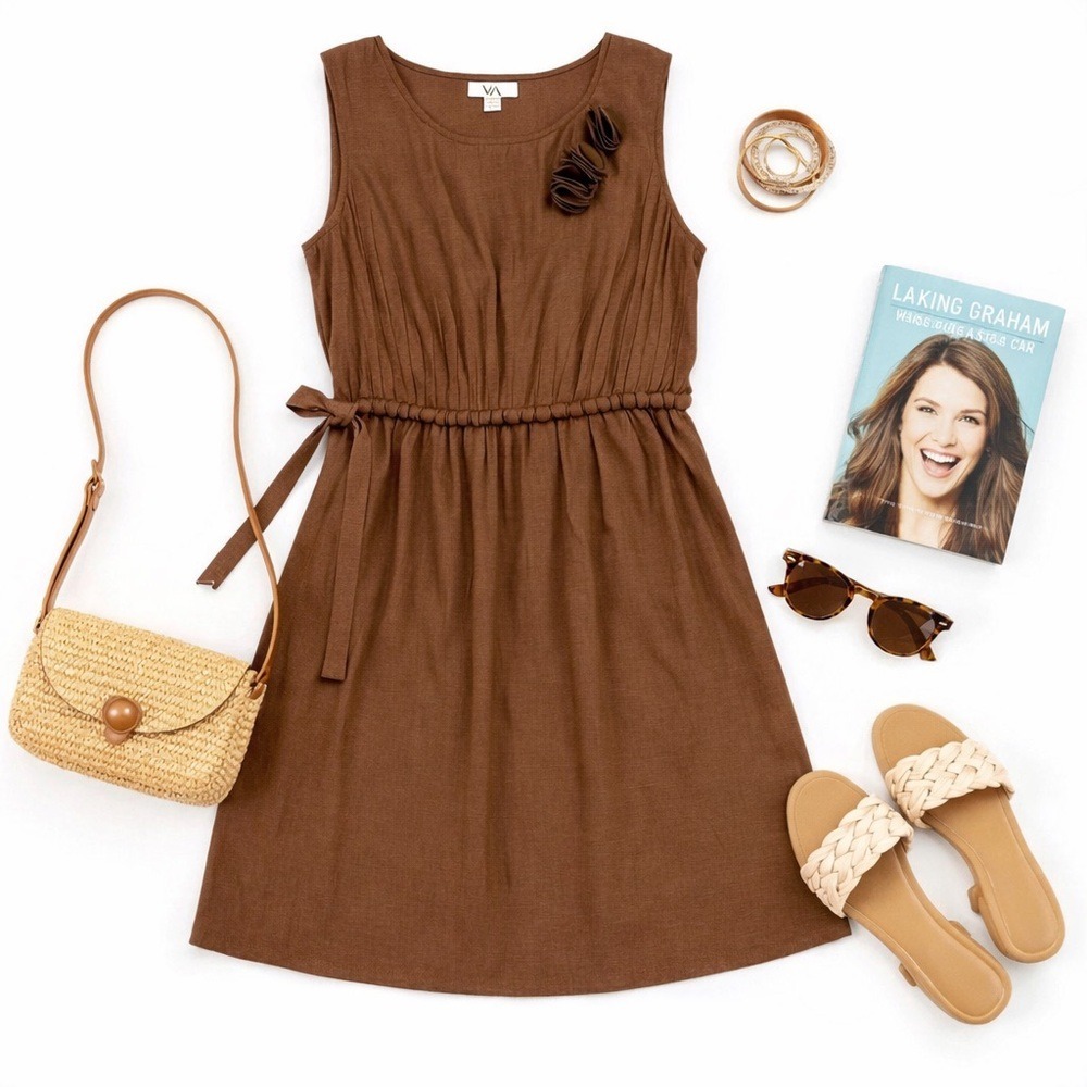 YA Los Angeles Bronzy Brown Sleeveless Dress Waist Tie Rosette Detail Size M GUC